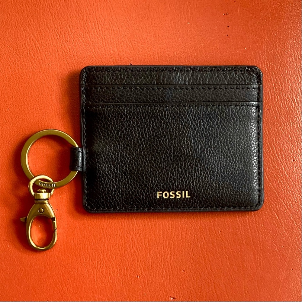 NWT Fossil Black Leather Sofia Card Case Holder Wallet Keychain Key Clip